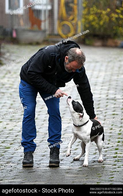 13 February 2020, Hessen, Liebenau: Uwe Bräuer talks to the three-year-old Staffordshire pitbull mix Gina. The 57-year-old owner of the Apollo dog school and...