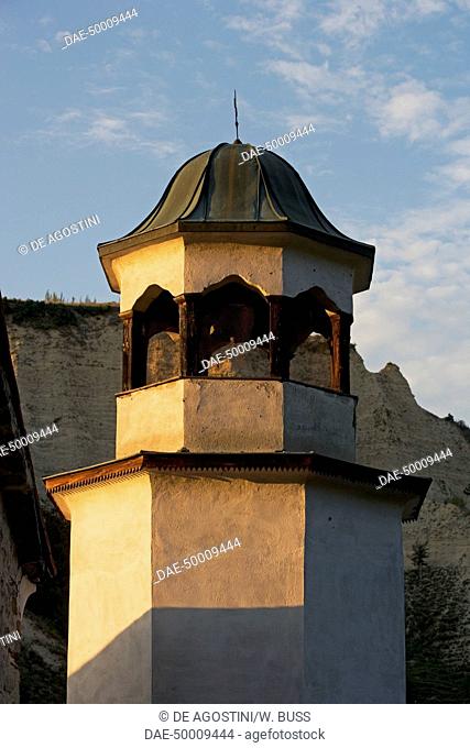 Bell tower at the foot of the sandstone pyramids of Pirin, Melnik, Bulgaria