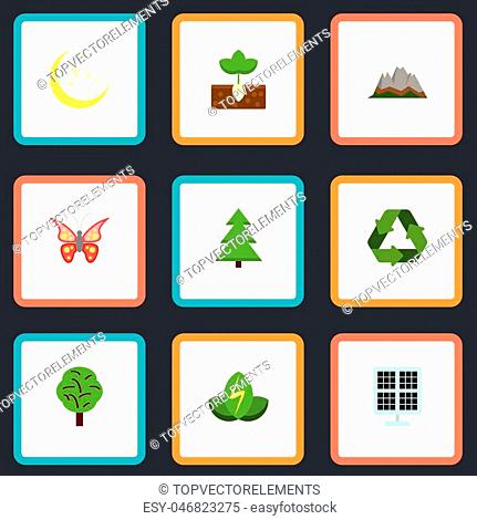 Set Of Nature Flat Icons Symbols Also Includes Wood, Plant, Panel Objects. Flat Icons Wood, Landscape, Sprout Vector Elements