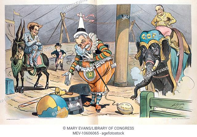 A much-needed comedy element in the campaign of 1900. Illustration showing Admiral George Dewey as a circus clown, with William Jennings Bryan on a donkey...