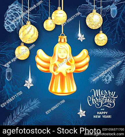 Greeting card Merry Christmas and Happy New Year. Christmas Angel holding star, realistic golden glass balls with sequins and lettering on blue background