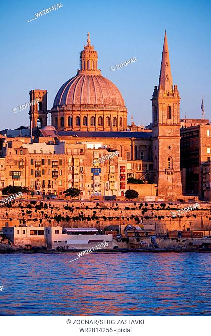 The evening view of The Basilica of Our Lady of Mount Carmel, Valletta, Malta