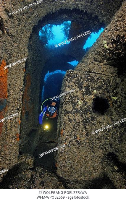 Diver at Wreck of Wine Carrier, Balaklava, Crimean Peninsula, Black Sea, Ukraine
