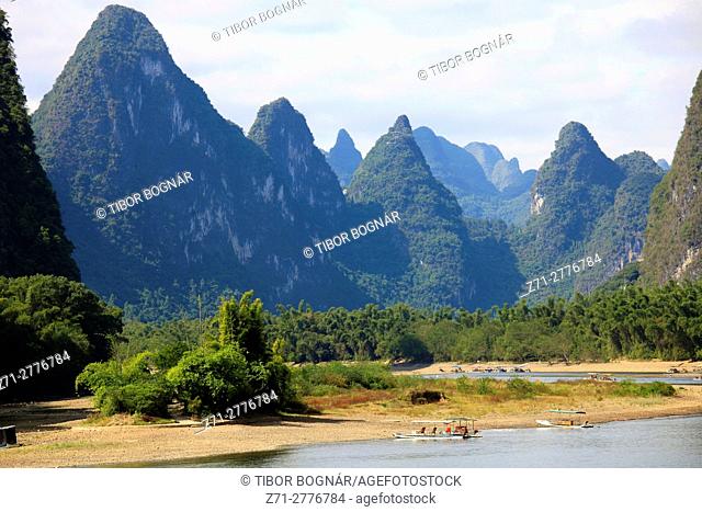 China, Guangxi, Xingping, Li River, karst landscape, limestone hills,