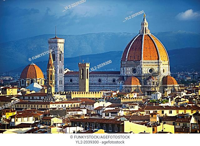 Rooftop view of the Gothic-Renaissance Duomo of Florence, Basilica of Saint Mary of the Flower; Firenza ( Basilica di Santa Maria del Fiore ) built between 1293...
