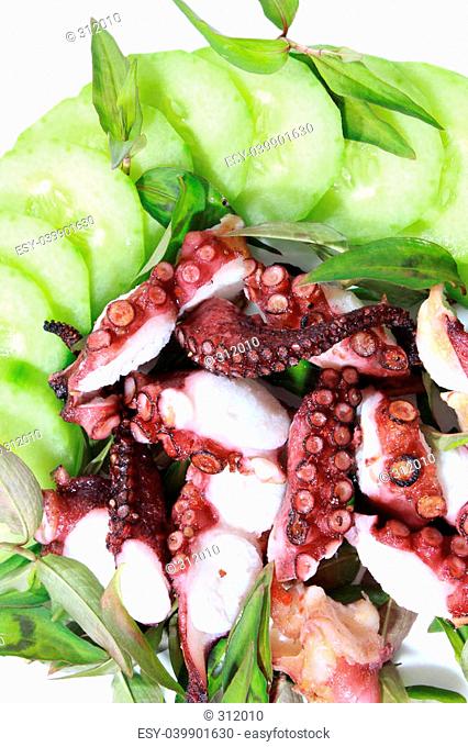 Grilled octopus with Cucumber and laksa leaves
