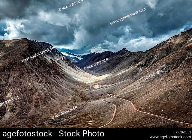 High altitude mountain road in Himalayas near Kardung La pass in Ladakh, India, Asia