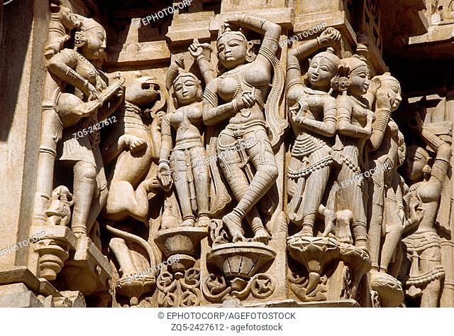 Closeup of the walls of Jagdish Mandir, the temple of Jagannath Rai, now called Jagdishji, is a major monument. Udaipur, Rajasthan, India