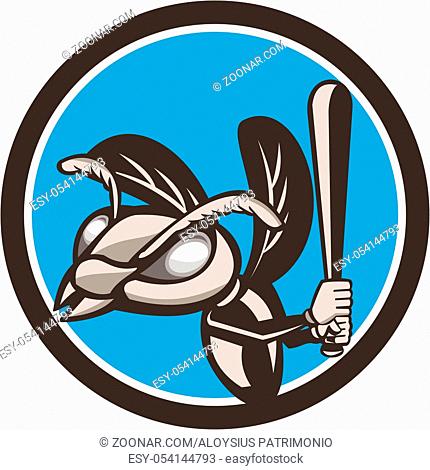 Illustration of a hornet wasp vespa crabro baseball player batting set inside circle on isolated background done in retro style