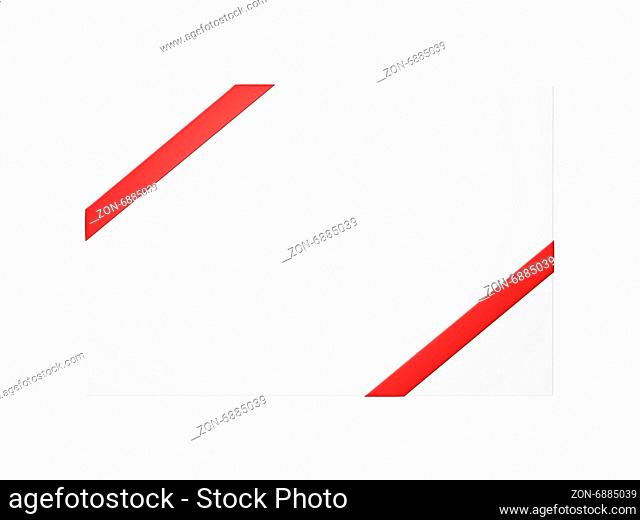 White gift card with red ribbon for your message, isolated on white background