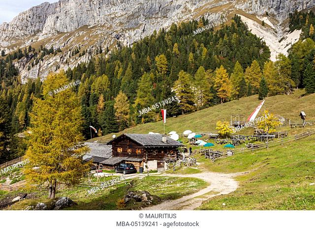 Europe, Italy, the Dolomites, South Tyrol, snack station Hanicker Schwaige under the Rosengarten group