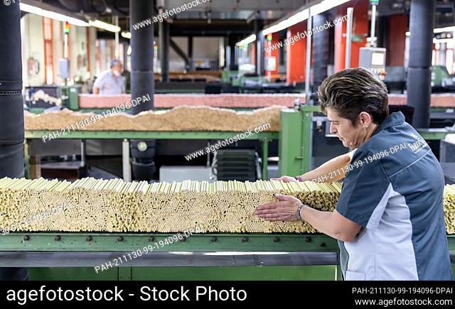PRODUCTION - 24 November 2021, Bavaria, Stein: An employee of stationery manufacturer Faber-Castell places pencils on a conveyor belt in the company's crayon...