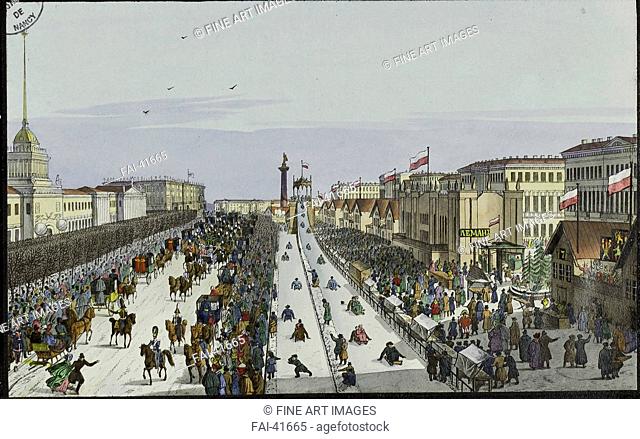 Public merry-making on the Admiralty Square in Saint Petersburg by Beggrov, Karl Petrovich (1799-1875)/Lithograph, watercolour/Neoclassicism/First half of the...