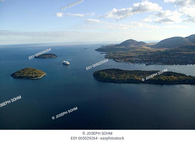 Aerial view of Porcupine Islands, Frenchman Bay and Holland America cruise ship in harbor, Acadia National Park, Maine