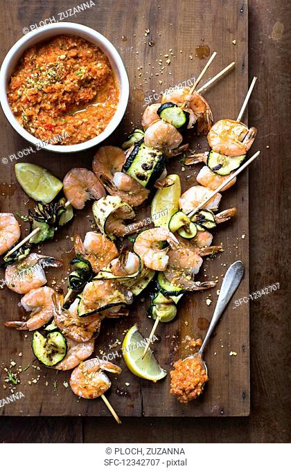 Romesco sauce with prawn and courgette skewers