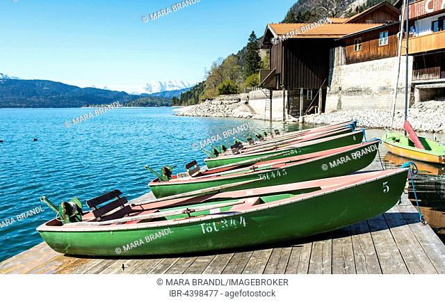 Lake Walchen, rowboats, Walchensee, Urfeld, Upper Bavaria, Bavaria, Germany
