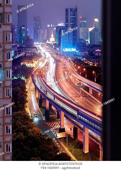 A view of the six-level stack interchange highway in Puxi, Shanghai, China