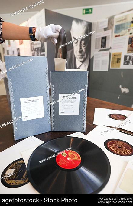 22 June 2022, Lower Saxony, Osnabrück: Records by the writer Erich Maria Remarque are on display in an exhibition at the Erich Maria Remarque Peace Center