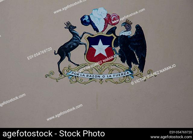 Coat of the armed forces of Chile. painted on the wall of the Arms and Historical Museum. Morro de Arica. Arica y Parinacota region. Chile