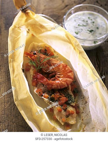 Whiting fillet with shrimp in paper, yoghurt sauce
