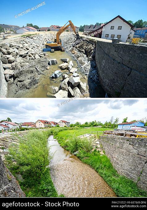 21 May 2021, Bavaria, Simbach Am Inn: KOMBO - The image combo shows a part of the town affected by the flood (top archive image from 23.06