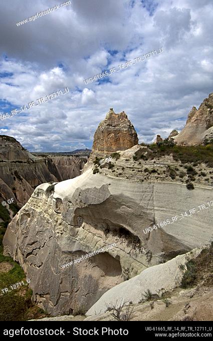 Landscape with eroded tuff rock formations, Rose Valley, Goereme National Park, Cappadocia, Turkey