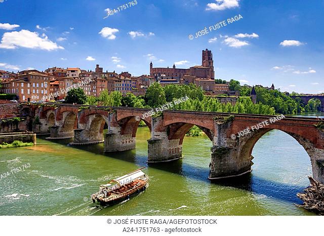 France , Albi City, Saint Cecile Cathedral W H , the Old Bridge and Albi river