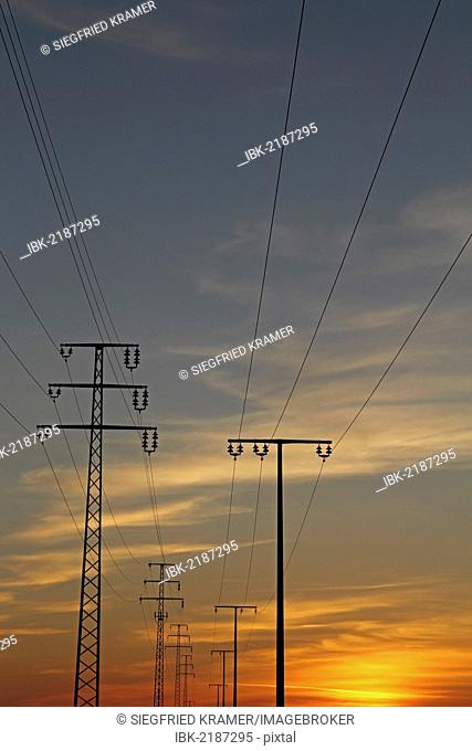 Pylons after sunset, Upper Swabia, Germany, Europe