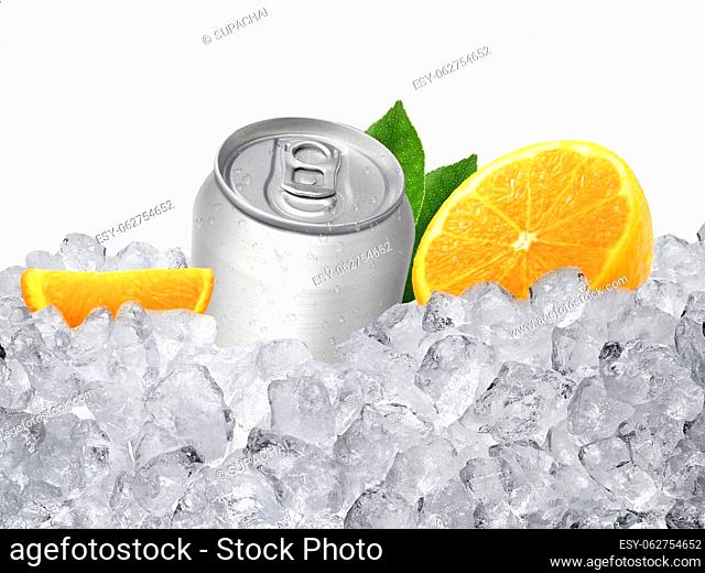 Can of cold beverage and ice orange fresh. summer refreshing drink