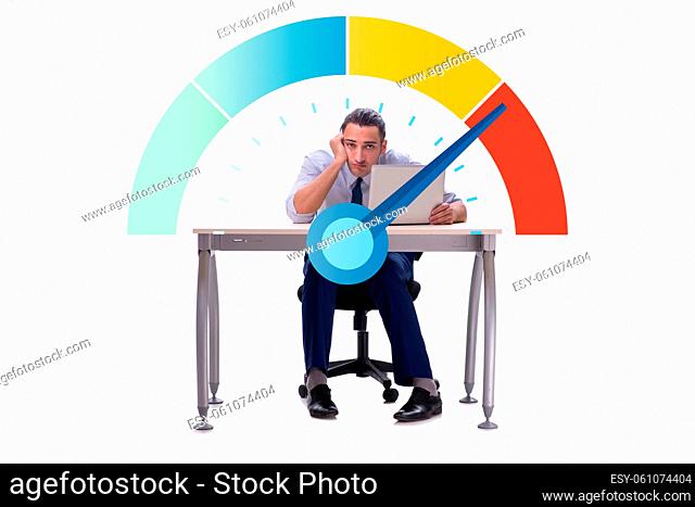 Businessman with the meter measuring his stress level