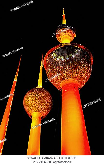 Lights show at Kuwait Towers at night, Kuwait, Kuwait City