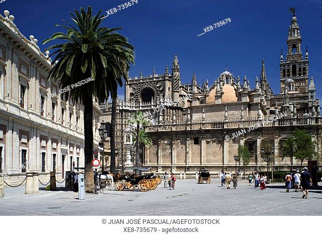 Cathedral and Giralda tower as seen from Plaza del Triunfo, Sevilla. Andalucia, Spain