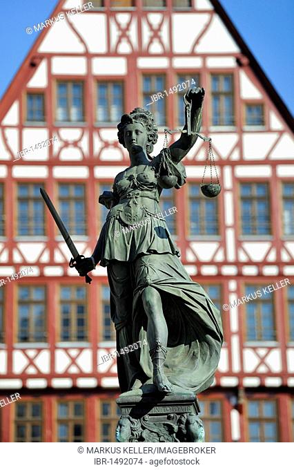 Lady Justice, Goddess of Justice, statue on the Fountain of Justice, Gerechtigkeitsbrunnen fountain, in the middle of the Roemerberg square in the old town of...