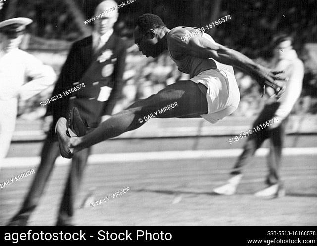 K.A.B. Olowu is seen here taking the winning jump. At the British Empire Games held at the White City on Saturday 16th August 1954 K.A.B