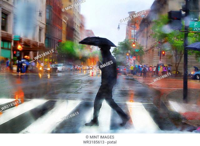 Man carrying umbrella walking across urban street at pedestrian crossing in the rain