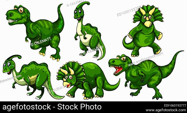 Set of green dinosaur cartoon character illustration