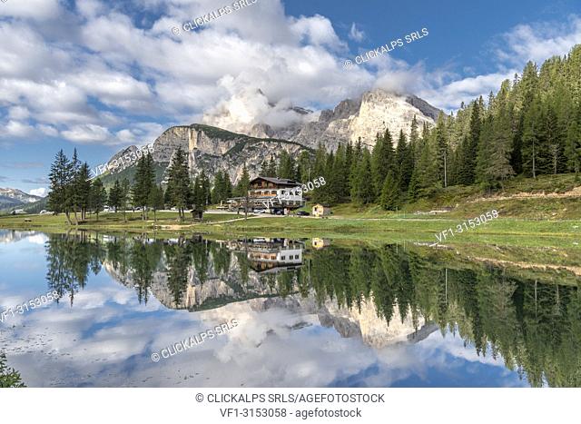Misurina, Dolomites, province of Belluno, Veneto, Italy. The lake Antorno with the Cristallo group in the background