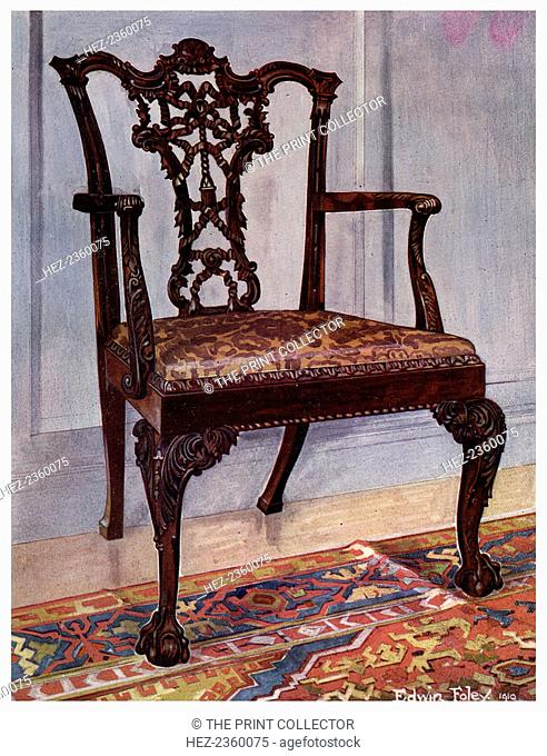 Mahogany armchair, style of Chippendale, 1911-1912. A print from The Book of Decorative Furniture its Form, Colour and History, Volume II by Edwin Foley