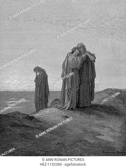 Ruth embracing her mother-in-law Naomi and promising to stay with her now they are bereaved, 1866. From the Bible (Ruth 1.14)