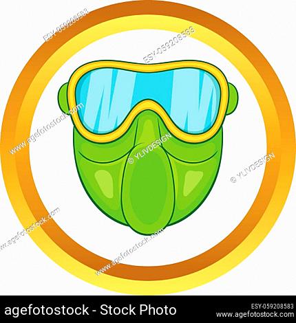 Green paintball mask vector icon in golden circle, cartoon style isolated on white background