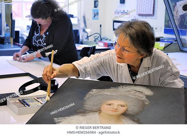 France, Yvelines, Chateau de Versailles, the castle restoration workshop, drawing and engraving workshop, Genevieve Pobeba restoring the portrait of Mrs Campan...