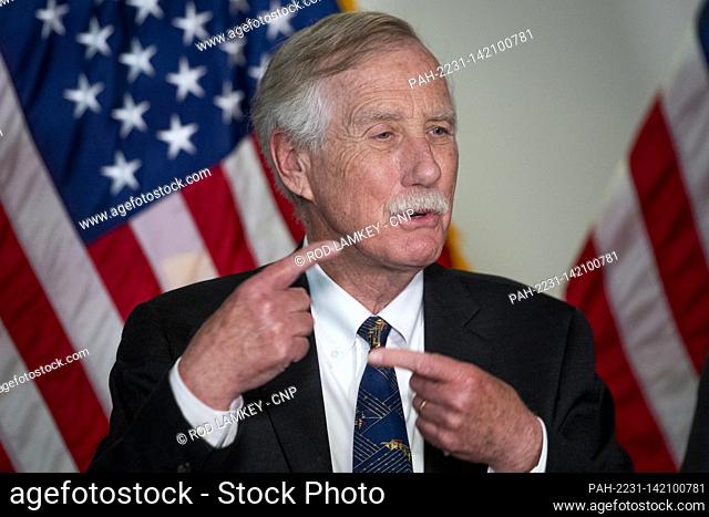United States Senator Angus King, Jr. (Independent of Maine) offers remarks following the Democratic Senate luncheon in the Hart Senate Office Building in...