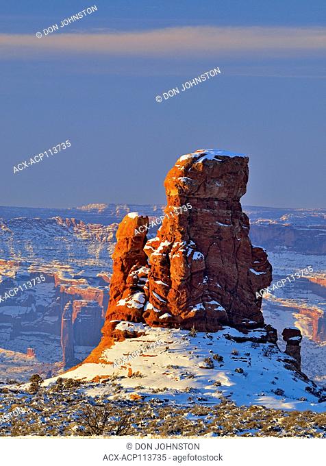 Sandstone pinnacles in a winter landscape, Arches National Park, Utah, USA