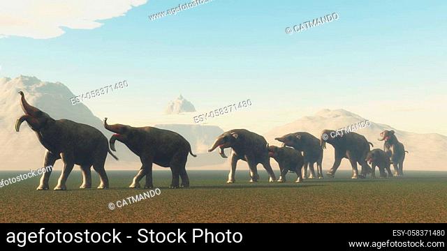 A herd of Deinotherium mammals head to a watering hole in the Pleistocene Period of Africa