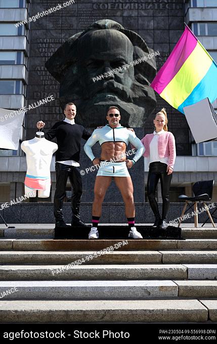 04 May 2023, Saxony, Chemnitz: The couple Jörn (l) and Claudia Wonneberger from the eponymous bodywear manufacturer present an outfit from their collection with...
