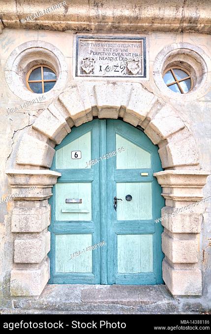 Pachtershof, yard, half-timbered ensemble, portal, entrance, front door, house facade, summer, Sülzfeld, Meiningen Thuringia, Germany, Europe