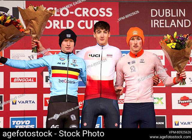 Belgian Arthur Van den Boer, Italian Stefano viezzi and Dutch Keije Solen pictured on the podium after the men's Junior race of the World Cup cyclocross cycling...