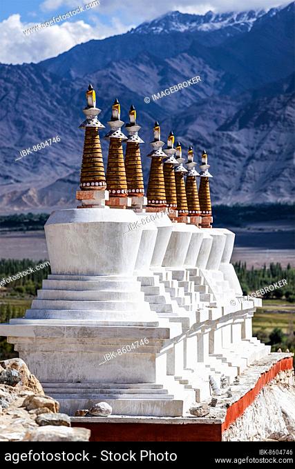 Chortens (Buddhist stupas) outside the Shey palace in Himalayas. Leh, Ladakh, India, Asia