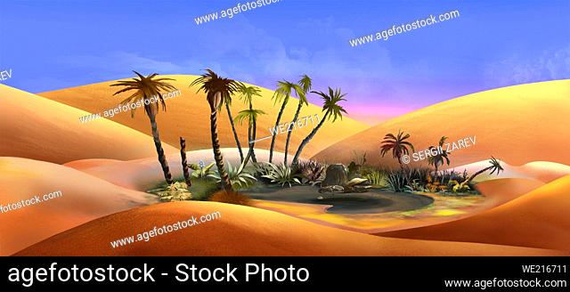 Dry oasis in the middle of the desert. Digital Painting Background, Illustration