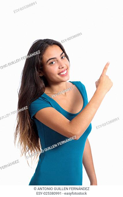 Happy promoter teen girl presenting and pointing at side isolated on a white background